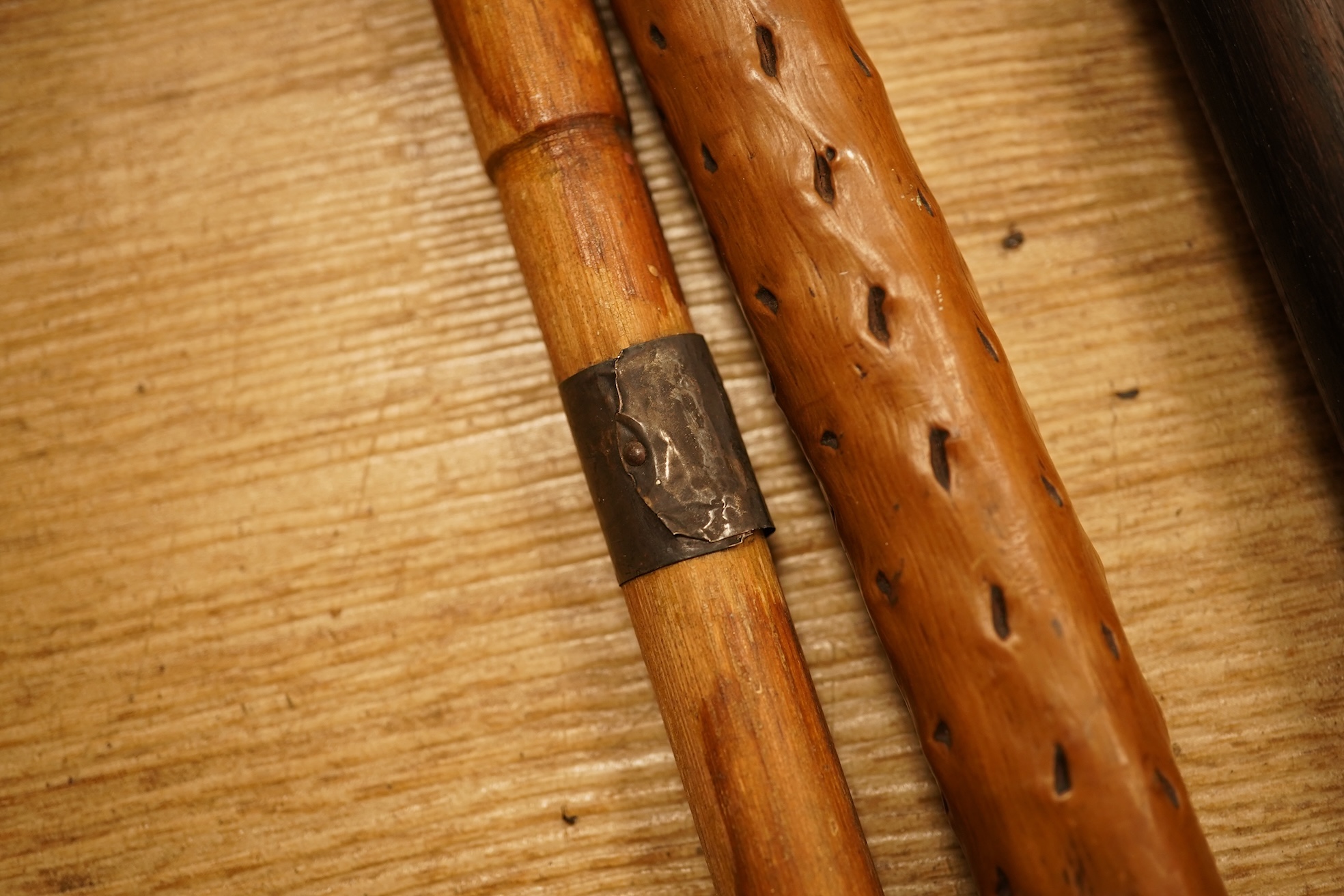 A collection of eleven carved walking sticks, some silver mounted